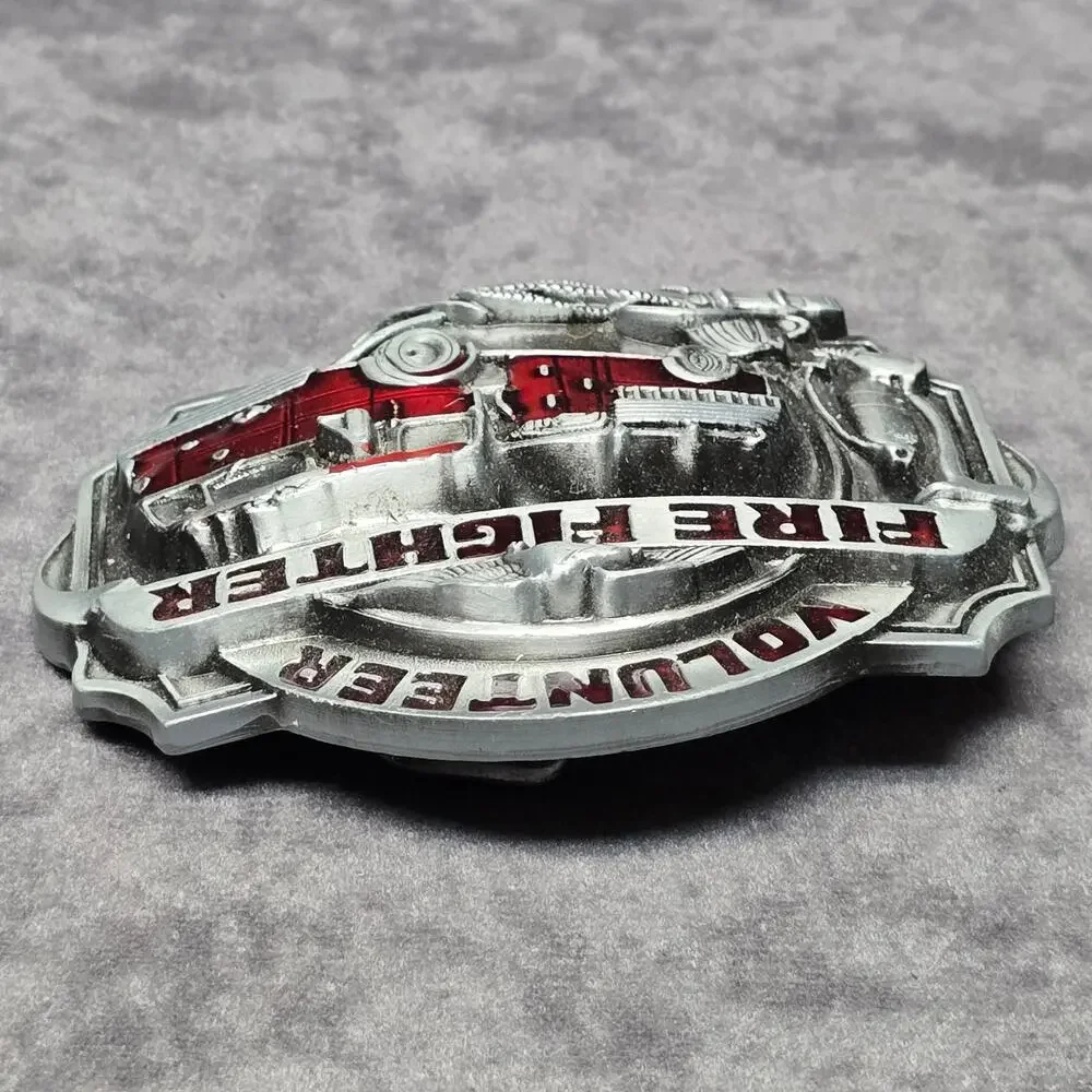Vintage Silver & Red Volunteer Fire Fighter Engine Pewter High End Belt Buckle